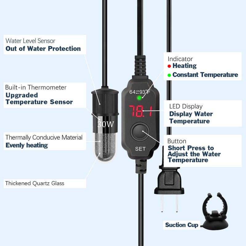 YOFOTHS Store Adjustable Mini Aquarium Heater 0.5/1/2/3 Gallon Submersible Small Fish Tank Heater 10W/20W/30W Digital Display Thermostat External Temperature Controller(30W) - Image 2
